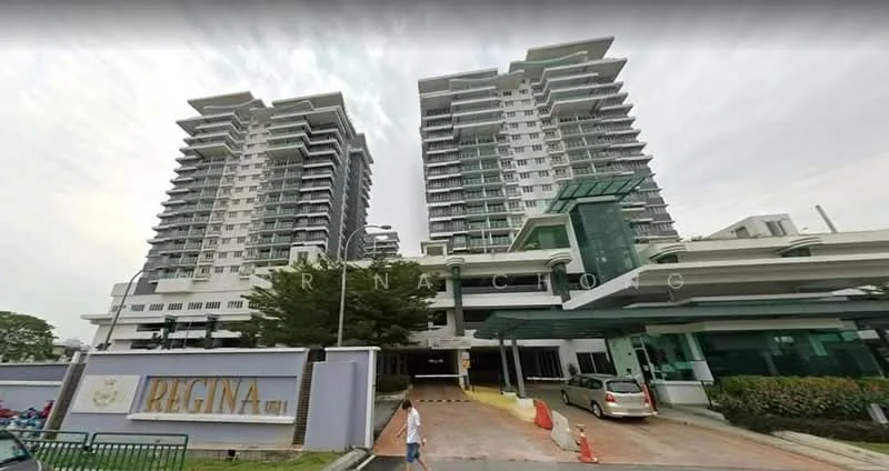 Exterior type: high-rise condominium; features: glass curtain wall, white painted facade, recessed balconies, two towers, landscaped entrance, driveway with interlocking pavers, guard house at entrance, CCTV cameras visible; style: modern.