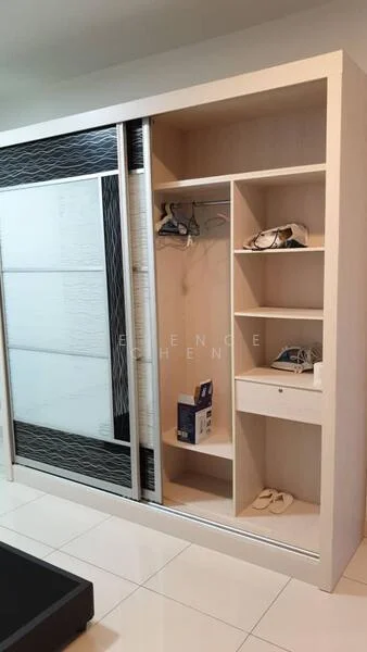 Room features: built-in wardrobe with sliding doors, wooden shelving, hanging space for clothes, drawer unit, white finish, glossy sliding door panels, ceramic tile flooring, neutral wall color; style: modern.