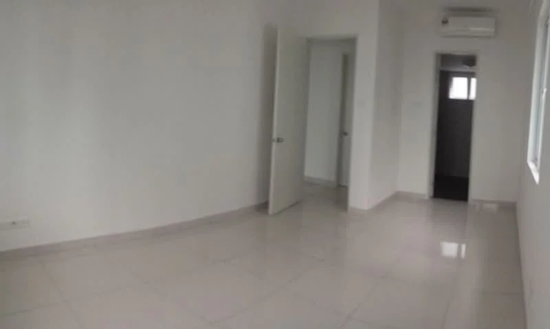Room features: white painted walls, glossy ceramic tile flooring, 1 wall-mounted split AC, door leading to another room, window with natural light.