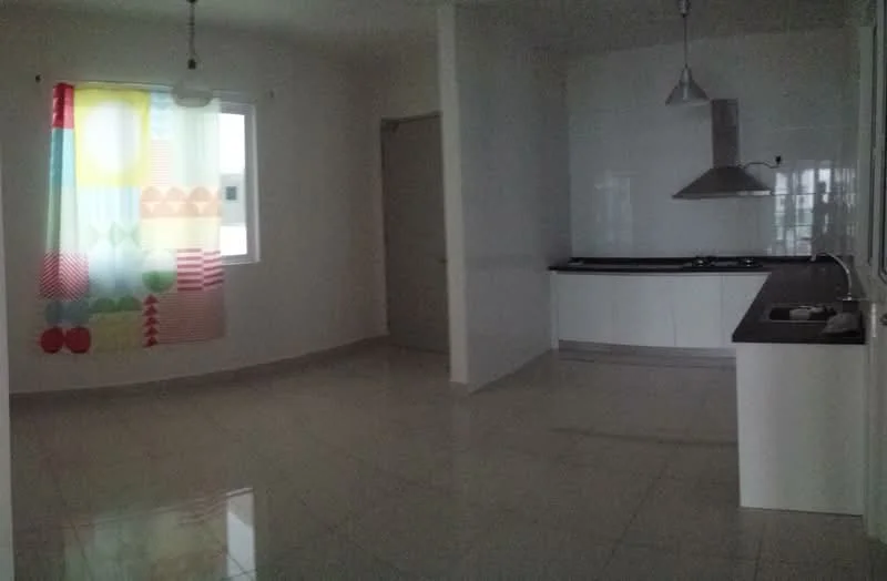 Kitchen features: white walls, glossy tile flooring, kitchen cabinets with flat-panel design, black countertop, stainless-steel range hood, single-bowl stainless-steel sink, window with colorful sheer curtains, built-in oven, cooktop, recessed lighting; style: modern.
