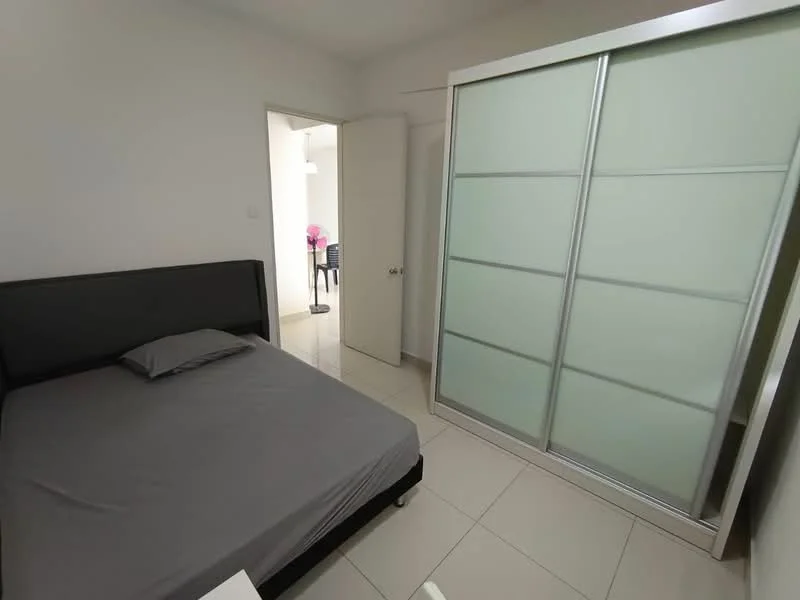 Bedroom features: queen-size bed with grey bedding, sliding glass wardrobe with frosted panels, white painted walls, tile flooring, single bedside table, door leading to hallway, window with natural light; style: modern.