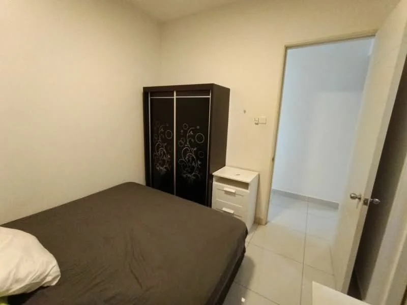 Bedroom features: queen-size bed with grey bedding, black wardrobe with decorative design, white bedside table, white walls, tile flooring, door leading to hallway, light switch on wall, window with no visible treatment; style: modern.