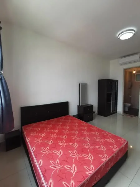 Bedroom features: queen-size bed with red floral bedding, white painted walls, glossy tile flooring, ceiling light fixture, black bedside table, black dresser with mirror, built-in wardrobe, air conditioning unit; style: modern.