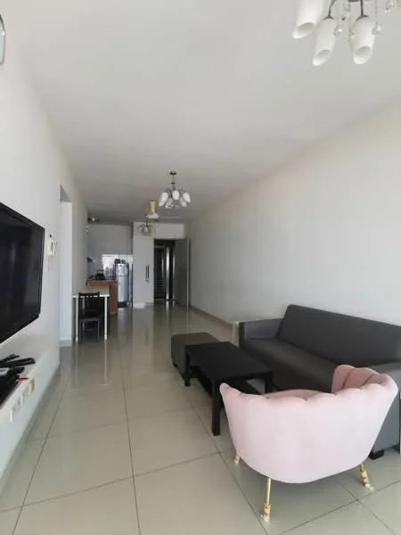 Living features: grey fabric sofa, pink upholstered armchair, black coffee table, wall-mounted TV, recessed downlights, white painted walls, glossy tile flooring, ceiling fan with light, open layout to kitchen, large windows for natural light; style: modern.