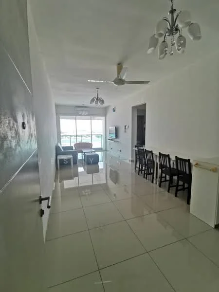 Living features: white painted walls, glossy tile flooring, 5-blade ceiling fan with light, chandelier, floor-to-ceiling windows, sliding glass door, TV console, wall-mounted TV, dining table with chairs, sofa, decorative mirror; style: modern; view: city.