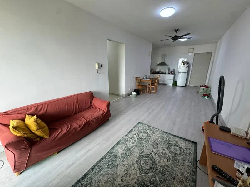 Living features: red fabric sofa, yellow decorative pillows, area rug with geometric pattern, wooden coffee table, TV console, wall-mounted TV, light grey laminate flooring, white painted walls, ceiling fan with light, recessed ceiling light; style: modern. Kitchen features: white cabinetry, stainless-steel fridge, built-in oven, 4-burner gas hob, kitchen island, ceramic tile flooring; style: modern.