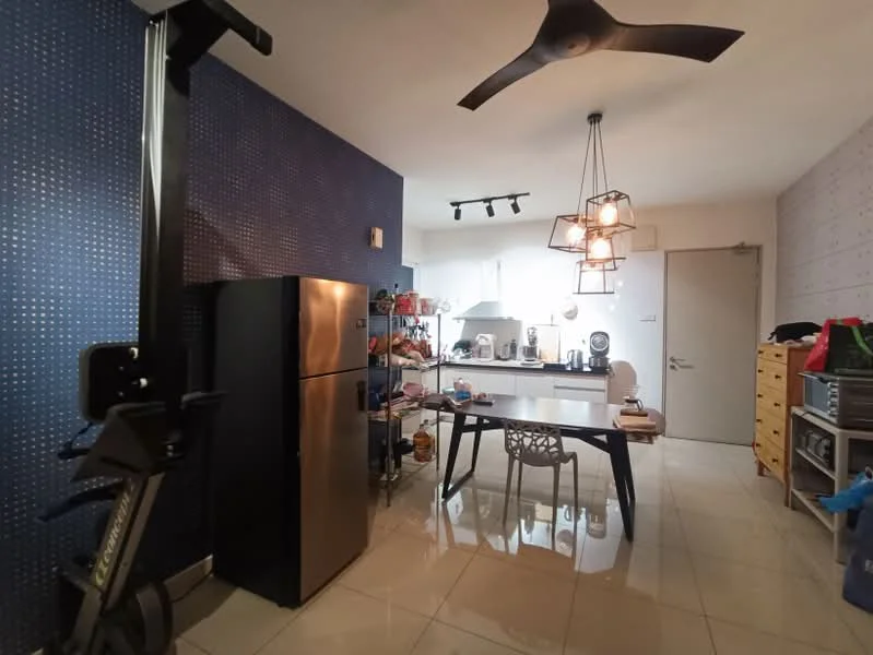 Kitchen features: stainless-steel fridge, black dining table, 4 white plastic dining chairs, pendant light fixture, ceiling fan with light, white cabinetry, grey countertop, built-in oven, stainless-steel sink, kitchen appliances on countertop, wall-mounted storage shelves, decorative wall with blue pattern, glossy tile flooring; style: modern.
