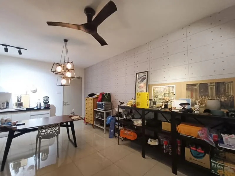 Living features: 5-blade ceiling fan in black, pendant lighting with multiple bulbs, white walls with textured paneling, glossy tile flooring, open kitchen layout, kitchen island with seating, stainless-steel appliances, wooden shelving unit, decorative artwork on walls, various storage boxes and items on shelves; style: modern.