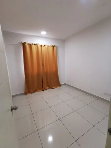 Room features: white painted walls, grey tiled flooring, floor-to-ceiling window with orange curtains, recessed downlights, single door, neutral color scheme; style: modern.