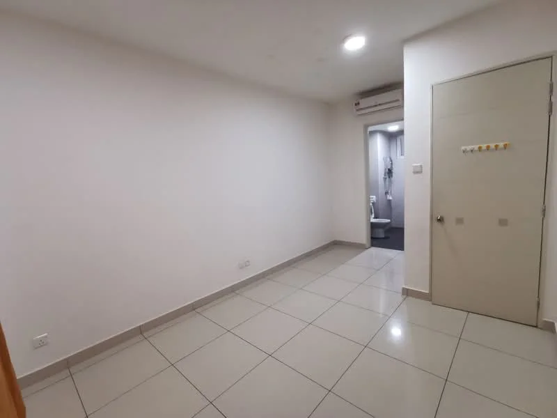 Room features: white painted walls, glossy ceramic tile flooring, recessed downlights, 1 wall-mounted split AC, door with handle, door frame, neutral color scheme; style: modern.