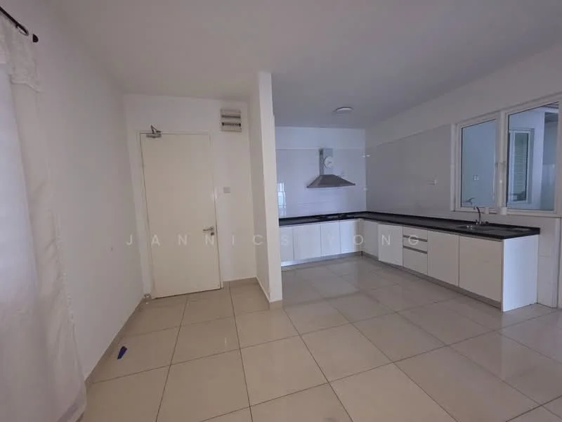 Kitchen features: white cabinetry, black countertop, stainless-steel range hood, built-in oven, ceramic tile flooring, white tiled backsplash, single-bowl stainless-steel sink, window with view to outside, recessed lighting, wall-mounted cabinet, door leading to hallway; style: modern.