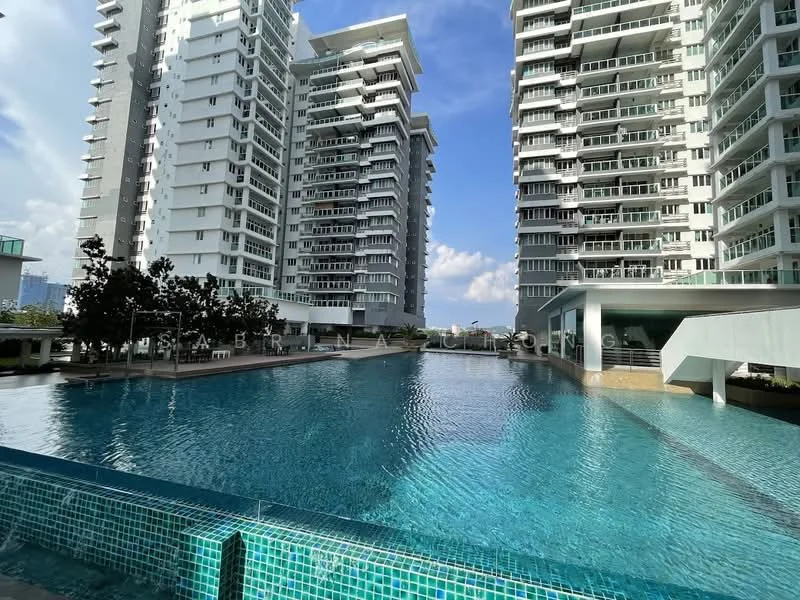 Exterior type: high-rise condominium; features: infinity pool, pool deck with loungers, surrounded by multiple high-rise buildings, landscaped garden area, clear blue sky, modern architectural design, glass facade, water feature, outdoor seating area; style: modern.