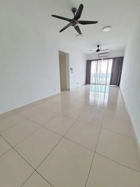 Living features: white painted walls, glossy ceramic tile flooring, 2 ceiling fans, floor-to-ceiling windows, sheer curtains, natural light, neutral color scheme, open layout; style: modern; view: city.