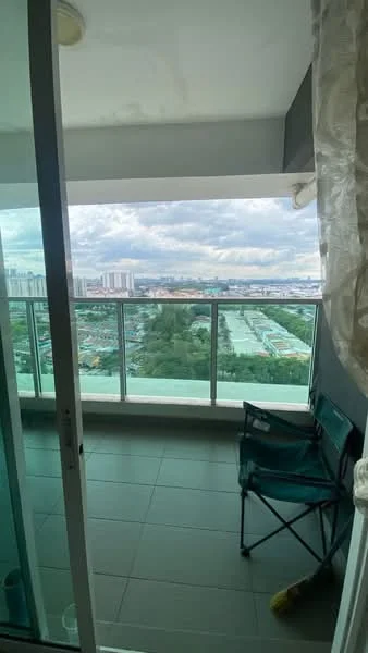 Room features: floor-to-ceiling windows, sliding glass door, grey tiled flooring, balcony railing, city skyline view, outdoor chair; style: modern; view: city.