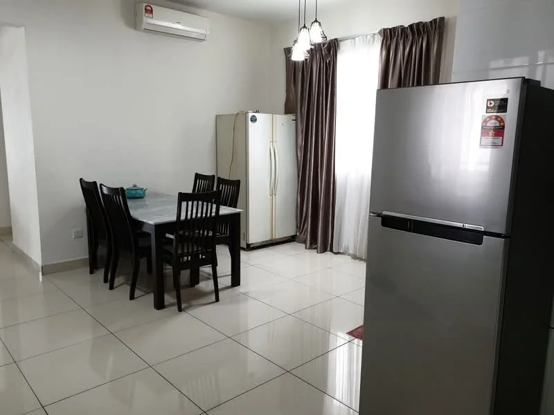 Dining features: 4-seater dining table, black dining chairs, white walls, tile flooring, recessed downlights, floor-to-ceiling window with sheer curtains, stainless-steel fridge, white fridge, 1 wall-mounted split AC; style: modern.