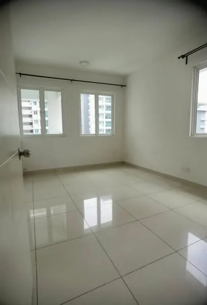 Room features: white painted walls, glossy ceramic tile flooring, two floor-to-ceiling windows, window treatments with curtain rods, neutral ceiling, light fixture on ceiling, corner room with natural light, minimalist design; style: modern; view: city.