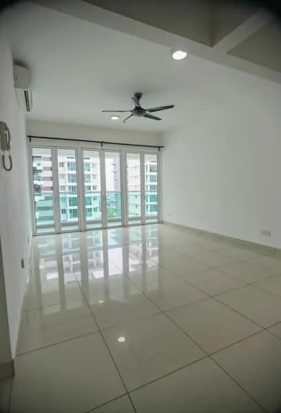 Living features: white painted walls, glossy ceramic tile flooring, 5-blade ceiling fan with light, floor-to-ceiling windows, sliding glass door, natural light from windows, curtain rods, air conditioning unit; style: modern; view: city.