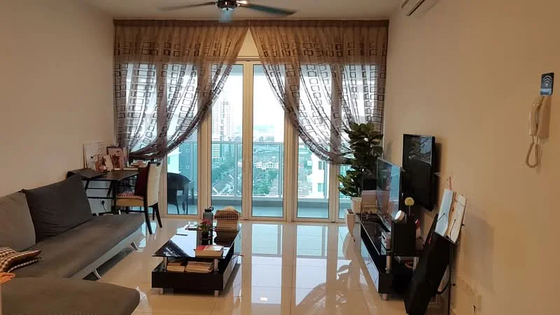Living features: grey fabric sofa, coffee table, TV console, wall-mounted TV, floor-to-ceiling windows, sheer curtains, decorative houseplant, recessed downlights, polished tile flooring, ceiling fan; style: modern; view: city.