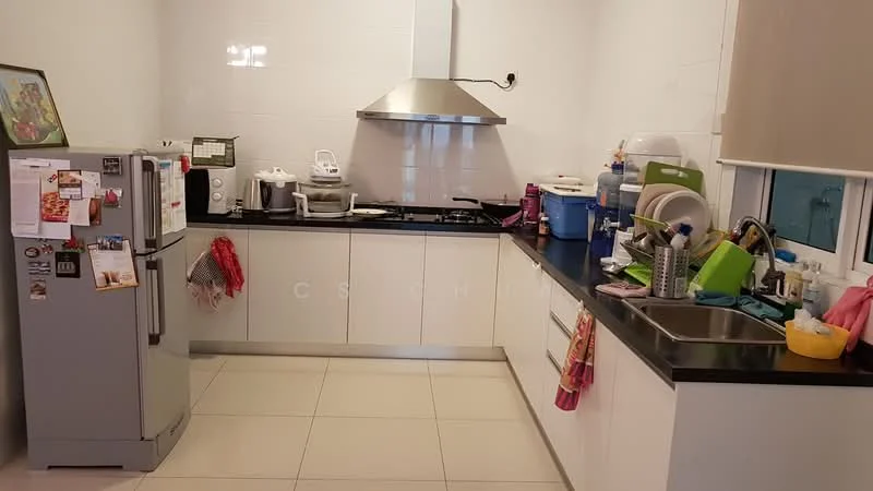 Kitchen features: white flat-panel cabinets, black granite countertop, stainless-steel sink, chrome pull-down faucet, built-in gas stove, stainless-steel range hood, microwave, refrigerator, various kitchen utensils and containers, tile flooring, white tiled backsplash, window with white frame; style: modern.