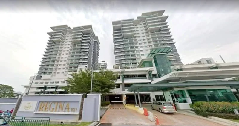 Exterior type: high-rise condominium; features: glass curtain wall, white painted facade, recessed balconies, multiple storeys, landscaped entrance, driveway with interlocking pavers, guard house at entrance; style: modern.
