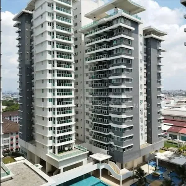 Exterior type: high-rise condominium; features: glass curtain wall, white painted facade, grey accent panels, recessed balconies, infinity pool, pool deck with loungers, surrounded by urban landscape, multiple storeys, modern architectural design; style: modern.