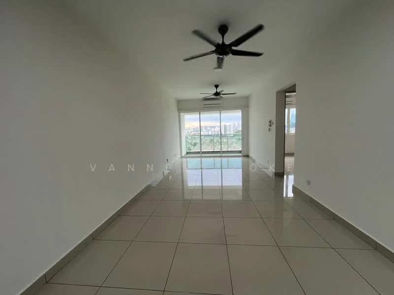 Living features: white painted walls, glossy ceramic tile flooring, floor-to-ceiling windows, city view, 2 ceiling fans, recessed downlights, open layout, neutral color scheme; style: modern; view: city.