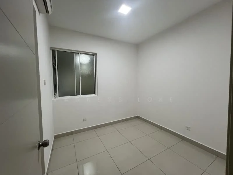Room features: white painted walls, tile flooring, single window, ceiling light, neutral color scheme, no visible furniture, corner room, standard door; style: modern.