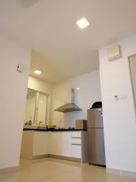 Kitchen features: white cabinetry, stainless-steel sink, chrome pull-down faucet, built-in oven, stainless-steel range hood, ceramic tile flooring, recessed LED downlights, fridge, countertop with storage, glass window, wall-mounted air conditioning unit; style: modern.