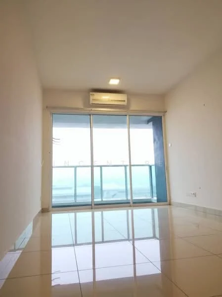 Living features: white painted walls, glossy ceramic tile flooring, floor-to-ceiling sliding glass door, 1 wall-mounted split AC, natural light from large window, neutral color scheme, minimalist decor; style: modern; view: sea.