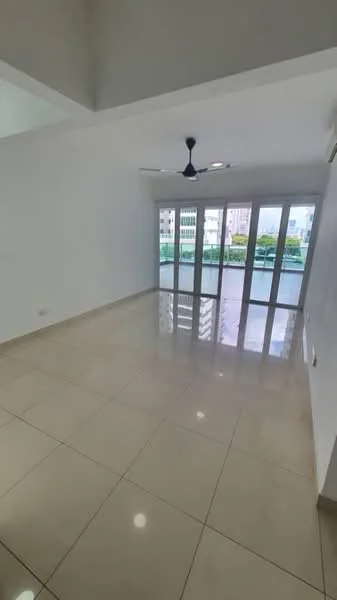 Living features: white painted walls, glossy ceramic tile flooring, 5-blade ceiling fan with light, floor-to-ceiling windows, sliding glass door, natural light from windows, view of balcony, air conditioning unit; style: modern; view: garden.