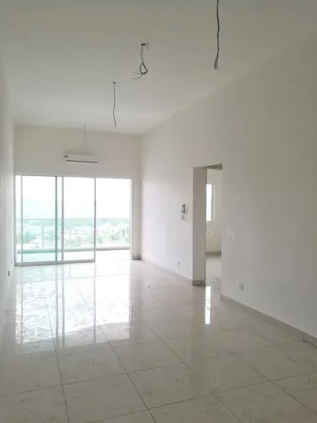 Living features: white painted walls, marble tile flooring, floor-to-ceiling windows, sliding glass door, 1 wall-mounted split AC, ceiling lights (wiring visible), neutral color scheme, open layout; style: modern; view: city.