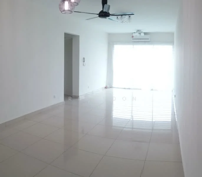 Living features: white painted walls, glossy ceramic tile flooring, 5-blade ceiling fan with light, floor-to-ceiling windows, sliding glass door, natural light from windows, air conditioning unit, recessed downlights; style: modern.