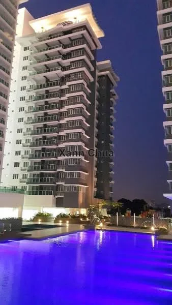 Exterior type: high-rise condominium; features: multiple storeys, balconies on each floor, glass facade, illuminated swimming pool, landscaped garden area, pool deck with loungers, modern architectural design, night lighting, surrounding greenery; style: modern.