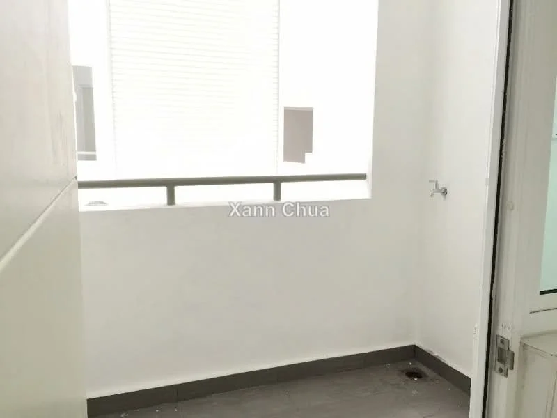 Room features: white painted walls, grey tiled flooring, window with horizontal slats, balcony railing, drainage outlet on floor.