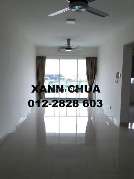 Living features: white painted walls, glossy ceramic tile flooring, 5-blade ceiling fan with light, floor-to-ceiling windows, sheer curtains, natural light, neutral color palette, open layout; style: modern; view: city.