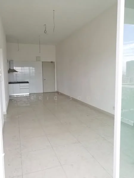 Room features: white painted walls, large windows, marble tile flooring, ceiling with exposed wiring, open layout, kitchenette area with sink, door leading to balcony, natural light from windows; style: modern; view: city.