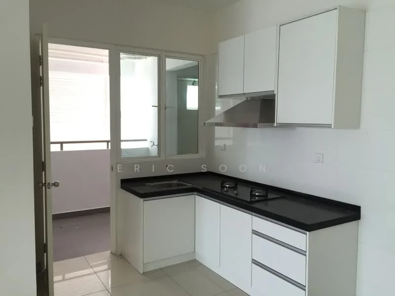 Kitchen features: white cabinetry, black countertop, stainless-steel sink, chrome pull-down faucet, built-in gas hob, exhaust hood, wall-mounted cabinets, tile backsplash, ceramic tile flooring, window with view to balcony, open layout, light-colored walls, recessed lighting; style: modern.
