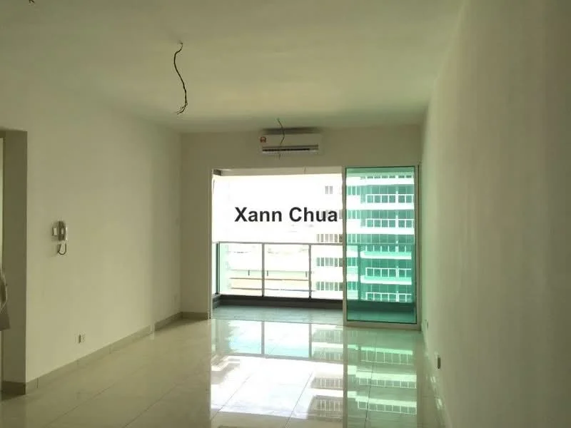 Living features: white painted walls, polished tile flooring, 1 wall-mounted split AC, floor-to-ceiling sliding glass door, balcony access, ceiling with exposed wiring, natural light from balcony, neutral color scheme; style: modern; view: city.