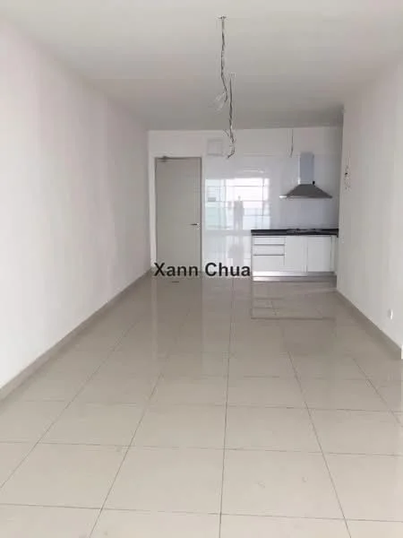 Living features: white painted walls, polished ceramic tile flooring, recessed downlights, kitchen area with white cabinetry, stainless-steel range hood, open layout, large window for natural light, neutral color scheme; style: modern.