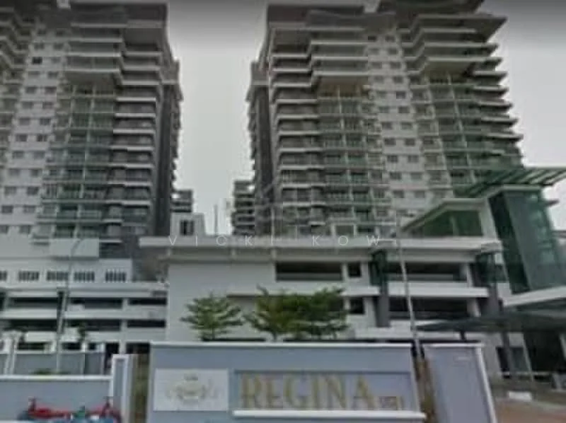 Exterior type: high-rise condominium; features: glass curtain wall, white painted facade, multiple balconies, landscaped entrance, security gate, surrounded by greenery; style: modern.