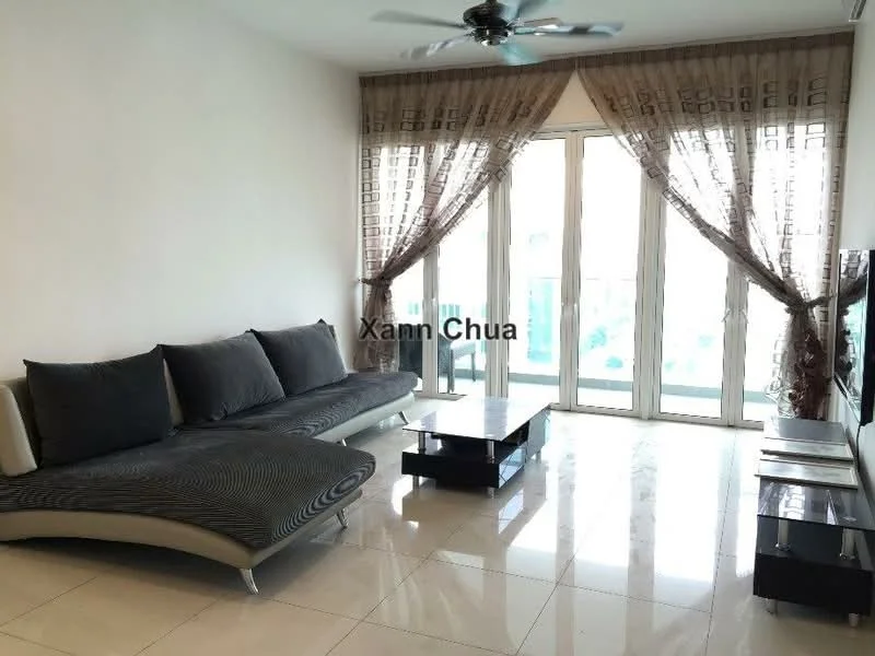 Living features: 3-seater curved sofa in grey, coffee table, wall-mounted TV, floor-to-ceiling windows, sheer curtains, dark wood TV console, polished ceramic tile flooring, ceiling fan with light, decorative wall, natural light from windows; style: modern; view: city.