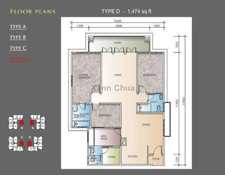 Floor plan: 3-bedroom 2-bathroom unit; features: open-plan kitchen-dining-living, master bedroom with ensuite bathroom, bedroom 2 with shared bathroom, utility room, store room, central foyer.