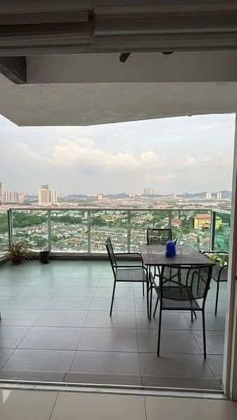 Balcony features: glass railing, outdoor dining table, 4 black metal chairs, grey tiled flooring, city skyline view, potted plants; style: modern; view: city.
