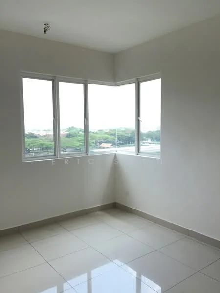 Room features: white painted walls, large corner windows, ceramic tile flooring, neutral color scheme, natural light from windows, view of greenery outside; style: modern; view: garden.