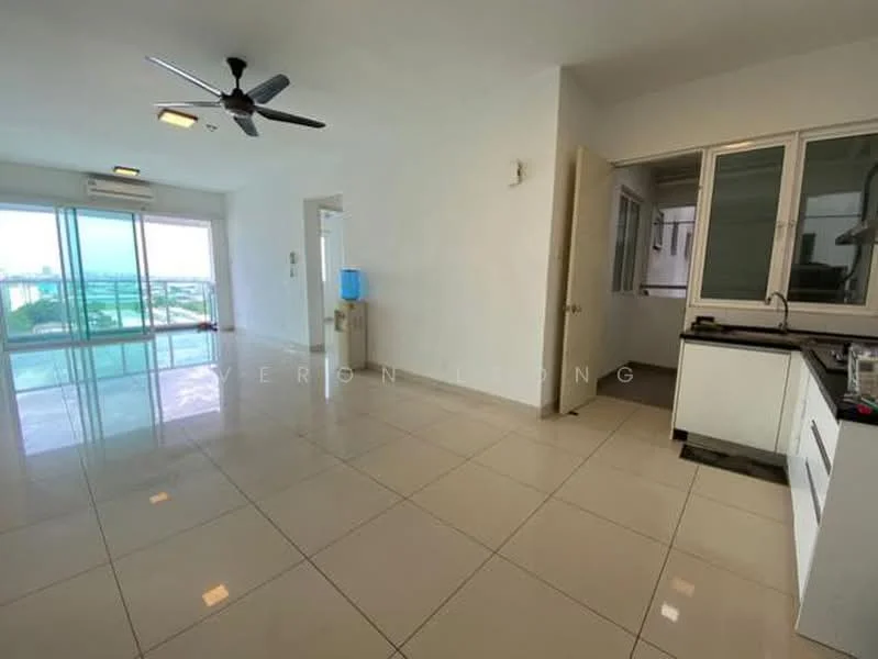 Living features: large floor-to-ceiling windows, sliding glass door, white painted walls, glossy ceramic tile flooring, 5-blade ceiling fan, recessed downlights, open layout, kitchenette with white cabinetry, black countertop, water dispenser, view of city skyline; style: modern; view: city.