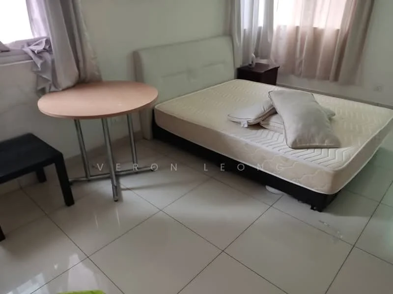 Bedroom features: queen-size bed, mattress on bed frame, light-colored bedding, round wooden table, black side table, white walls, curtains on windows, glossy tile flooring.