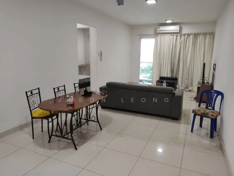 Living features: white painted walls, ceramic tile flooring, recessed downlights, floor-to-ceiling windows, sheer curtains, 3-seater fabric sofa in grey, dining table with 4 chairs, TV console, wall-mounted TV, air conditioning unit; style: modern.