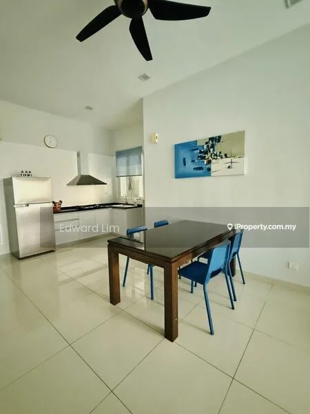 Kitchen features: stainless-steel fridge, built-in oven, stainless-steel range hood, 4-burner gas hob, white cabinetry, black dining table, blue dining chairs, white walls, tile flooring, ceiling fan, window with natural light, clock on wall, mirror on wall; style: modern.