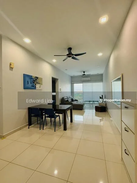 Living features: white painted walls, glossy ceramic tile flooring, 5-blade ceiling fan with light, sofa in grey, coffee table, dining table with chairs, floor-to-ceiling windows, roller blinds, LED recessed downlights; style: modern; view: city.