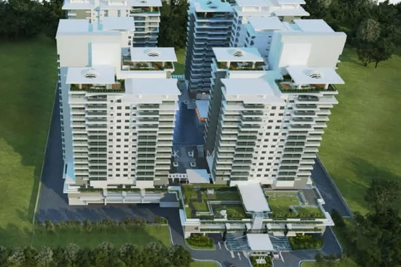 Exterior type: high-rise condominium; features: multiple high-rise buildings, green landscaping, manicured lawn, rooftop gardens, balconies on upper floors, driveway leading to main entrance, outdoor amenities visible, parking area, surrounded by trees; style: modern.